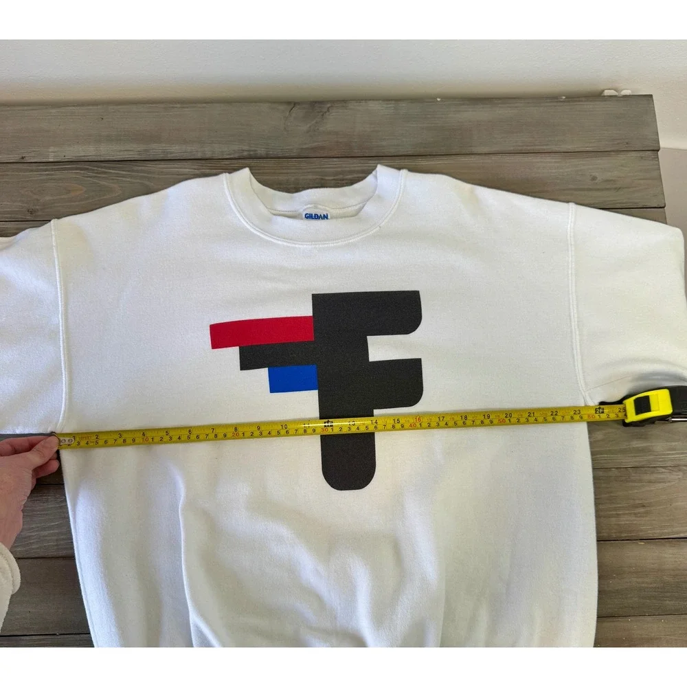 Gildan Heavy Blend White F Graphic Logo Crewneck Sweatshirt Collab Sleeve Mens L - Picture 9 of 12